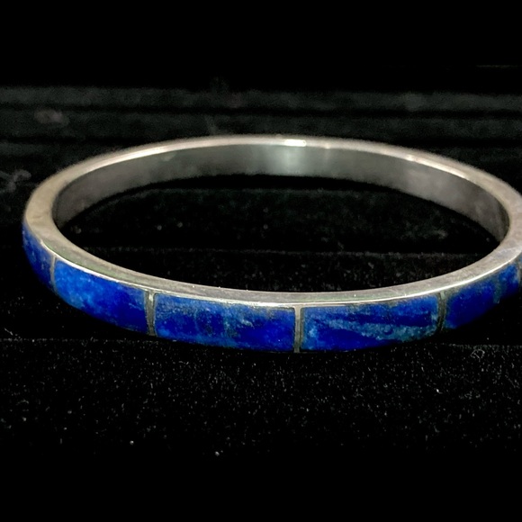 Vintage Native American Sterling Silver & Lapis Inlay Cuff Bracelet - Picture 9 of 10